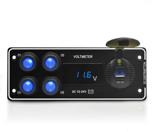Geloo Schalter Panel, 12V 24V Kippschalter mit QC3.0 USB-Schnellladegerät PD Typ C und LED-Digital-Voltmeter Wippschalter für Auto, Boot, Wohnwagen, LKW