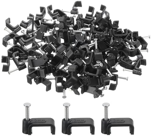 TA-VIGOR 100Pcs Round Cable Clips, 12mm Electrical Cable Wall Clip, Steel Nails Tacks Holder for Organizing Ethernet, Electric Wires Cables Line, TV Cable, Telephone line, Black
