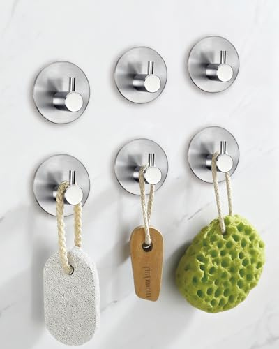 YLITREUS Ganchos Adhesivos Resistentes de 6 Piezas, Cuelga Perchas Albornoz Resistentes, Sin Taladro, Ganchos Perchas Albornoz Resistentes Para Cocina, Baño, Inodoro, Plateado