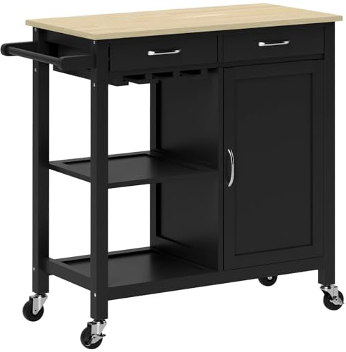 HOMCOM Carrello da Cucina Classico con 2 Cassetti e Ruote, Isola Cucina in Legno con Armadietto 2 Ante Salvaspazio, 89x40x84cm, Nero