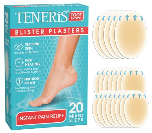 Teneris, 20 Hydrocolloid Blister Plasters – Instant Pain Relief, Waterproof & Invisible, Fast Healing, Friction-Proof – Thin & Flexible Blister Pads for Feet, Heels & Toes – 2 Mixed Sizes (20 Pack)