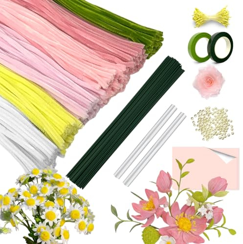 600 Stück Pfeifenputzer zum Basteln, Pfeifenreiniger Blumen Set | DIY Dekorationen Pfeifenreiniger zum Basteln, mit Blumendraht, Schleifenband, Blumen Staubblatt für Blumenstrauß