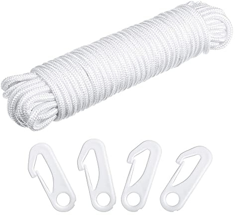 reamhome 50 Feet x 1/4inch Flag Pole Halyard Rope with 4 Pieces Flag Pole Hook Clips,Outdoor Flagpole Accessories Compatible