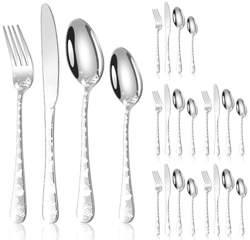 XIAOYU Set di posate natalizie da 24 pezzi, set di posate in acciaio inox per 6 persone, con motivo a alce natalizio e Babbo Natale, lavabile in lavastoviglie, argento