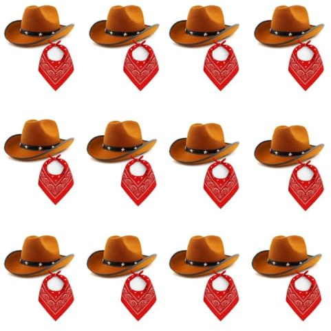 Brun stjärnprydd cowboyhatt med röd paisley bandana – 12-pack – västerländsk maskeraddräkt set för vuxna och barn vilda västern set