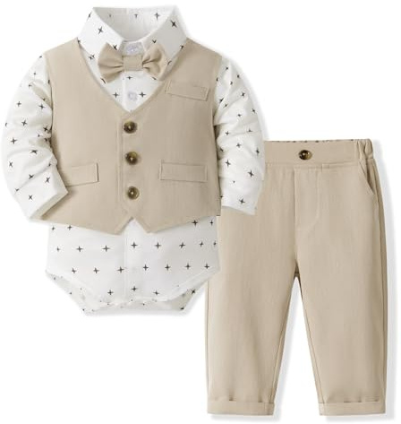 Volunboy Babypojke herre kostym set, bröllopsdräkter väst skjorta byxor med fluga, Kaki-tryck, 12-18 mois