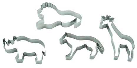 BekkiB - 4er Set Wildtiere - Löwe, Giraffe, Nashorn & Wolf - Spülmaschinengeeignete Ausstechformen aus Edelstahl - Zum Backen für Plätzchen - 998891