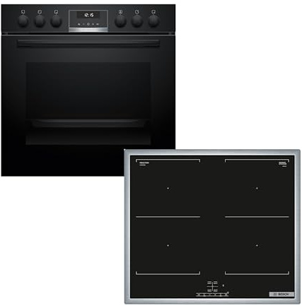 Bosch Einbauherd-Set HND617LS67, Serie 6 Einbau-Herd 60 cm mit Backwagen, Reinigungshilfe und 3D-Heißluft HEB517BB4, Serie 4 Induktionskochfeld 60 cm mit Rahmen, Combi Zone, Herdgesteuert, NVQ645CB6E