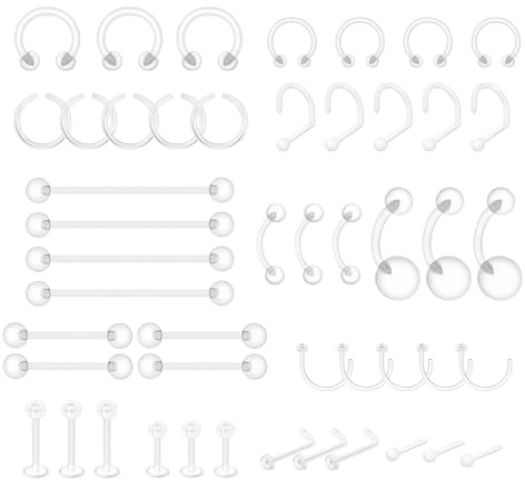 LOCCY 48 Stück Klar Körperpiercing Kit, Plastik Klare Piercing Retainer Nasenpiercing Lippe Piercing Labret Bauchnabel Augenbrauen Nippel Zunge Septum Tragus Helix Piercings (Klar-48 Stück Set 2)