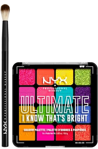 NYX Professional Makeup Palette Ombretti 16 Colori Altamente Pigmentati Ultimate Shadow 04 I Know That'S Bright + Pennello Occhi per Sfumature Pro Brush Blending - Set da 2