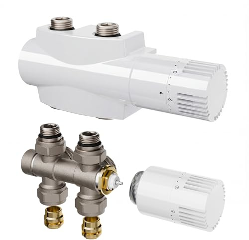 Multiblock Set für Heizkörper Anschlussarmatur mit Thermostat – Thermostatventil Hahnblock mit Frostschutz – für Eck/Durchgangsform – 50mm Mittelanschluss G1/2 – inkl. PEX Ø16 & Kupfer Ø15