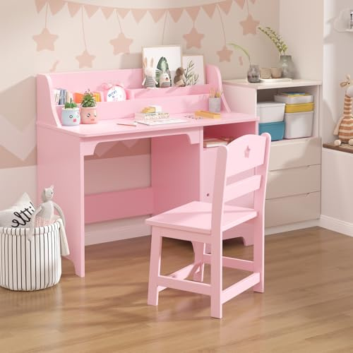 Crevyteg Kinderschreibtsich mit Stuhl, Schreibtisch Kinder aus Holz mit Regalen & Aufbewahrungsschrank, Jugendschreibtisch für Kinderzimmer, Lerntisch für Jungen, Mädchen ab 3 Jahren, Rosa