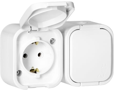 Miratic Enchufe Doble Pared 2x2P+T Schuko Enchufe Superficie IP54 Resistente a Salpicaduras con Tapa - Ideal para Garajes Talleres Sótanos o Exteriores (Blanco)