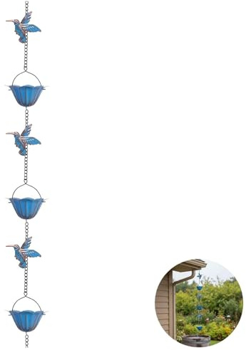 Vestamore Outdoor Drainage Metal Rain Chains With 7 Lotus Cups And 8 Bird Pendants, 94.5 In, Blue Vintage Hummingbird Rain Chains For Gutters