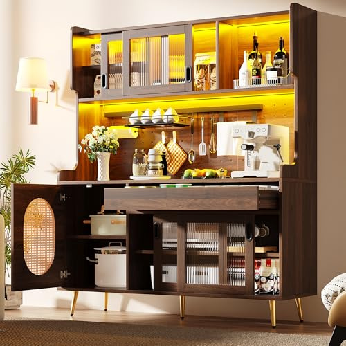VIVCA Mensola laterale/armadietto da cucina/buffet, 145 x 39 x 171 cm, stile rustico, 5 ante, con striscia luminosa a LED e piastra di blocco in vetro, marrone