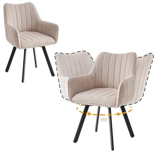 JZGORC 2er-Set Esszimmerstuhl mit Armlehnen, Leinenbezogene Küchenstühle, 360° Drehbare Metallbeine, Geeignet für Esszimmer, Küche und Wohnzimmer, Beige