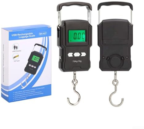 Bilancia digitale da pesca, con gancio, 75 kg, con metro a nastro, ricaricabile tramite USB, display LCD retroilluminato, funzione tara, per bagagli, viaggi, attività all'aperto