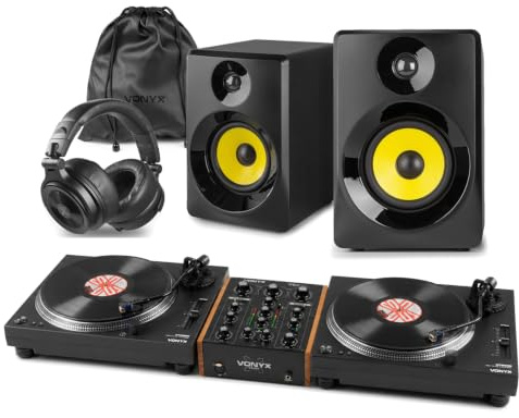 Vonyx DT6000 Home DJ Setup with 2 Direct Drive Turntables, Rotary DJ Mixer, Active Monitor Speakers and DJ Headphones, Vinyl DJ Decks Starter Kit for Home Mixing and Hi-Fi Use