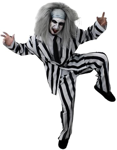 Adults Crazy Ghost Halloween Costume - Medium - Black & White Striped Suit, Black Tie, Grey Wig, Facepaint - Mens 80s TV Film Halloween Fancy Dress Costume