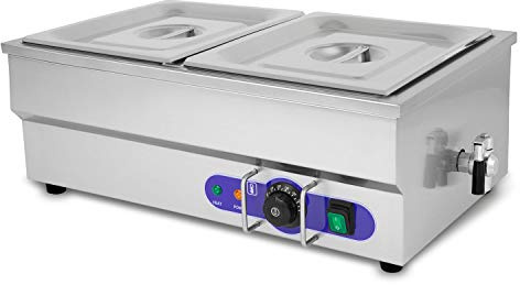 vertes Bain Marie Chauffe Plat électrique Professionnel 1500W en INOX (INCL. 2X 1/2 GN Récipient avec Couvercle pour 2X 6L, Robinet de Vidange, Température 50 à 200°C, Pieds en Caoutchouc)