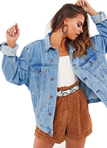 Justalwart Chaqueta de mezclilla vintage de gran tamaño para mujer, abrigo de manga larga, Azul claro lavado, M