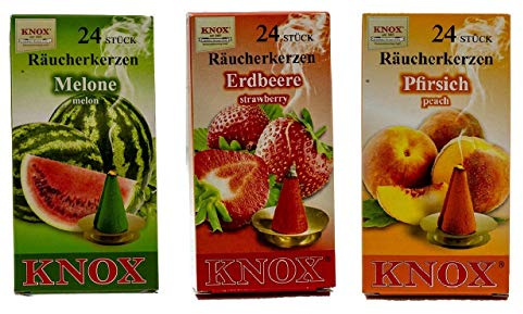 KNOX Lot de 3 cônes d'encens aux fruits - Senteurs : melon, fraise, pêche - Quantité : 72 - Fabriqué en Allemagne