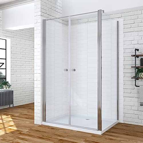 Duschkabine Eckeinstieg 90x80x195 cm Pendeltür mit Seitenwand Eckdusche rahmenlos mit Duschtüren Drehtüren festem Seitenteil Duschtrennwand für Duschwanne 6 mm Sicherheitsglas klar NANO-Beschichtung