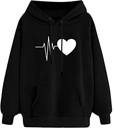 heekpek Huvtröja dam vinter huvtröja sweatshirt höst långärmad fritid vintertröja lång tröja mode kärlek tryck toppar med huva och fickor, svart, L