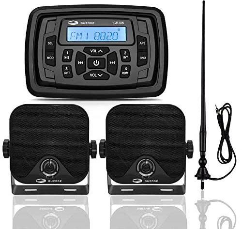 GUZARE Boats Marine Radio Bluetooth and Speakers Audio System Package - Waterproof Marine Stereo Receiver+ 1 Pari 4 inches Black Speakers + Antenna for Boats ATV UTV Motorcycle 306.301B.056B