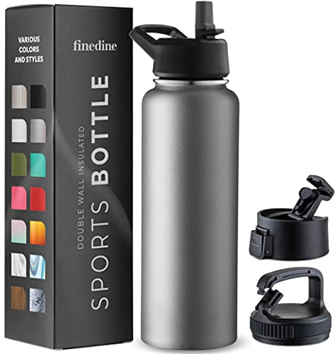 FineDine Insulated Water Bottle with Straw, 40 Oz, Modern Lava Gray | Stainless steel water bottle, triple-wall insulation, 3 leakproof lids: straw, flip, wide-mouth, hot or cold, travel, gym