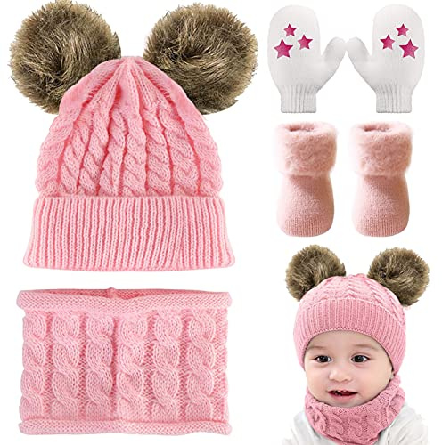 CheChury Warme Winter Mütze Schal Kinder Sets Baby Mädchen Beanie Hut Jungen Strickmütze mit Bommel Babymütze Schlupfmütze für 0-3 Jahre Kinder