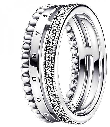 Pandora Signature Logo Pavé & Beads sterling silver ring with clear cubic zirconia, 54