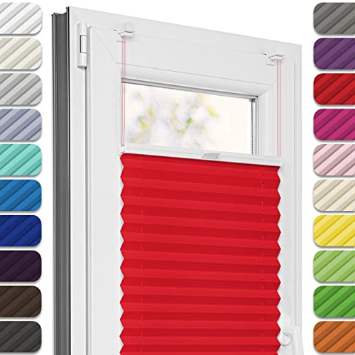 Estika Plissee ohne Bohren, Premium Klemmfix - 80cm Breite x 150cm Höhe - Rot - Metal Plisseehalter ohne Bohren, Modern Sichtschutz für Fenster, Jalousien Fenster für innen