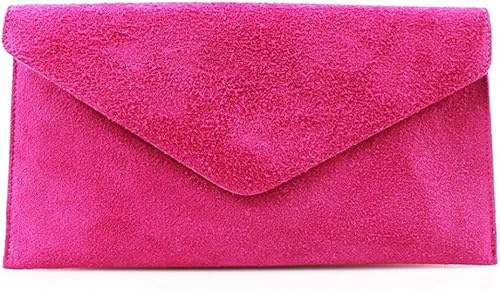 Luxurious AN Direfct Ladies Women Real Suede Leather Envelope Chain Clutch Party Prom Evening Bag (Fuchsia)