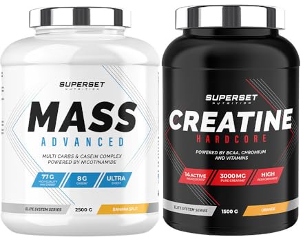 Superset Nutrition | Programme Prise De Masse Avancé - Mass Advanced 2,5kg Banana Split - Créatine Hardcore 1,5 kg Orange | Augmente la prise de masse et intensifie la force et le volume