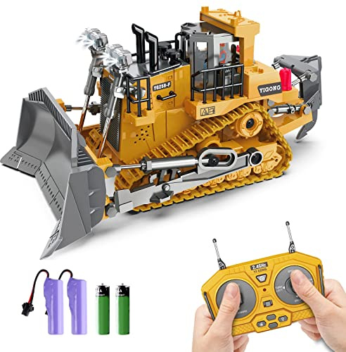 Dwi Dowellin Rc Bulldozer Toys for Boys,Construction Remote Control Bulldozer with Metal bulldozing Shovel Lights/Sounds for Kids Boys