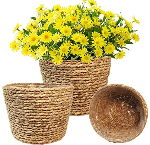 KMERCE 3er Set Pflanzenkorb Seegras, übertopf Boho, Blumentöpfe Geflochten rund, dekorativ übertöpfe Korb für zimmerpflanzen, Mit Wasserdichtem Kunststofffutter, 18cm, 22cm, 25cm Durchmesser