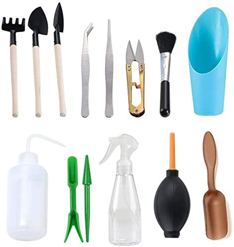 Holzsammlung 14 Pieces Mini Garden Tools, Flower Gardening Kit Miniature Gardening Rake Trowel and Shovel Succulent Indoor and Outdoor Small Fairyland Garden Plant Care (A)