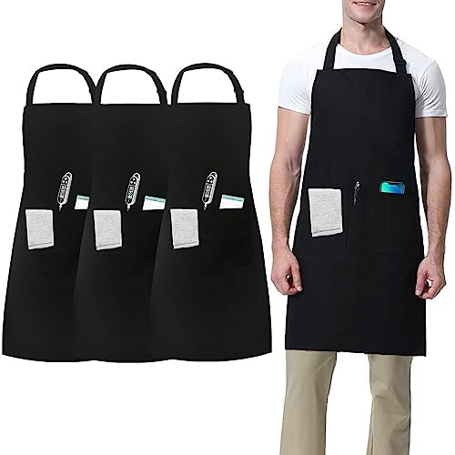 umboom 3 Pezzi Nero Grembiule, Regolabili Cuoco Grembiule con 3 Tasche per Donna Uomo, Professionale Lavoro Grembiule per Cucina, Barbecue, Ristorante, Bar, Giardino, Pittura (Policotone - Nero)