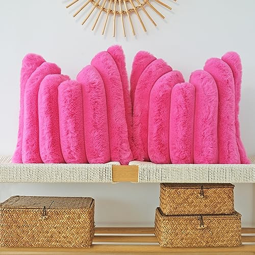 JOJUSIS Pack of 2 Faux Fur Plush Decorative Throw Pillow Covers Couch Cushion Case Soft Fluffy Pillowcases Wide Stripe (Hot Pink, 20 x 20 Inch)