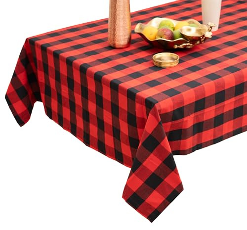 Tischdecke 140x240 - Robustes Tischtuch aus Baumwolle - Hochwertige Tischdecke rot kariert - Table Cloth - Waschbare Stofftischdecke mit 220g/m²