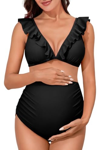 Summer Mae - Costume da Bagno Premaman, Bikini a Due Pezzi con Volant, a Vita Alta, con Stampa Floreale, Scollo a V, per Gravidanza, Nero, L