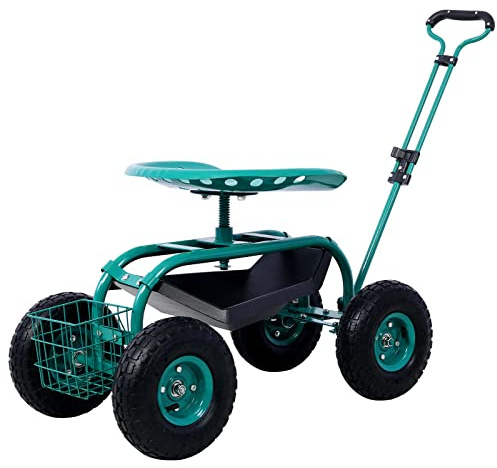 Rolling Garden Cart with Seat and Storage, Rolling Garden Stools Scooter with 4 Wheels Tool Tray Basket Adjustable Height 360-degree Swivel Heavy-Duty Frame Garden Scooter Gardening Workseats