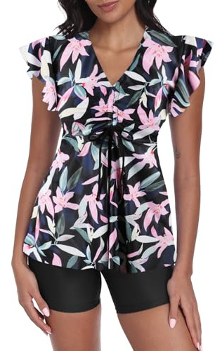 Ecupper Maillot de Bain Femme 2 Pieces Push Up Tankini Set Taille Haute Shorty Col en V Maillot de Bain à Volants