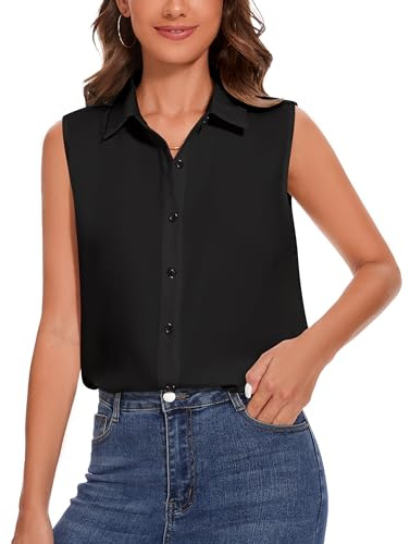 Camicia da donna senza maniche con bottoni, colletto classico, camicetta basic, canotta da lavoro, ufficio, chiffon top, Nero , S
