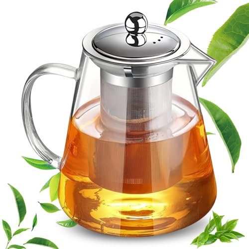 GOEDCH Théière en verre 1300 ml : service à thé en verre borosilicate, théière en verre avec infuseur amovible et couvercle en acier inoxydable, robuste et résistante à la chaleur pour le camping, les