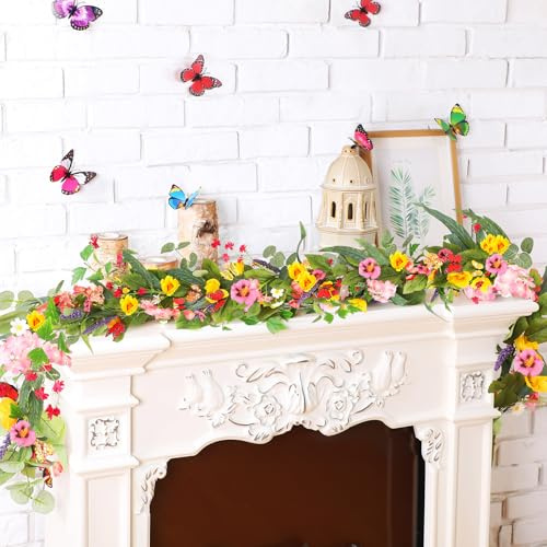 XunYee 2 Pcs 6 ft Spring Artificial Wildflower Garland Daisy Phalaenopsis Hydrangea Floral Vine for Front Door Mantle Fake Flower Garland for Farm Wedding Baby Shower Decor