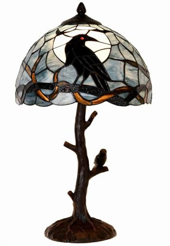 Bieye L30956 Rabe sitzt auf kahlem Ast in Vollmondnacht, Tischlampe aus Buntglas im Tiffany-Stil für die Inneneinrichtung (Dunkelblau, 12Bx20H)