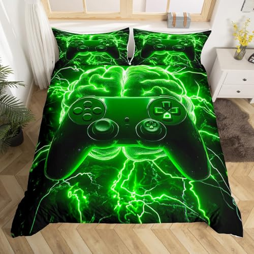 Loussiesd Gaming Bettwäsche Set 135x200cm Gamepad Bettbezug Blitzhirn Jungen Zimmer Dekor Betten Grün Teenager Spielzimmer Dekor Moderne Vr Spieler Bettwäsche-Set Joystick Controller