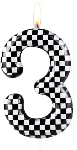 Zolunu Metallic Schwarz Weiß Kariert 3 Geburtstag Kuchen Kerze, Nummer 3 Kerze, Geburtstag Kuchen Topper für Jungen Mädchen Race Car Themed Party Dekorationen Zubehör